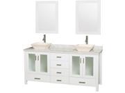 Wyndham Collection Lucy 72 inch Double Bathroom Vanity in White White Carrera Marble Countertop Pyra Bone Porcelain Sinks and 24 inch Mirrors