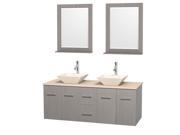 Wyndham Collection Centra 60 inch Double Bathroom Vanity in Gray Oak Ivory Marble Countertop Pyra Bone Porcelain Sinks and 24 inch Mirrors