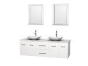 Wyndham Collection Centra 72 inch Double Bathroom Vanity in Matte White White Carrera Marble Countertop Arista White Carrera Marble Sinks and 24 inch Mirr