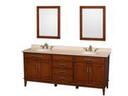 Wyndham Collection Hatton 80 inch Double Bathroom Vanity in Light Chestnut Ivory Marble Countertop Undermount Oval Sinks and 24 inch Mirrors