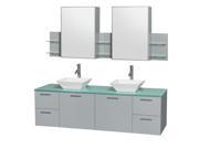 Wyndham Collection Amare 72 inch Double Bathroom Vanity in Dove Gray Green Glass Countertop Pyra White Porcelain Sinks and Medicine Cabinet