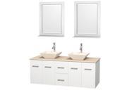 Wyndham Collection Centra 60 inch Double Bathroom Vanity in Matte White Ivory Marble Countertop Pyra Bone Porcelain Sinks and 24 inch Mirrors