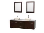 Wyndham Collection Centra 72 inch Double Bathroom Vanity in Espresso White Man Made Stone Countertop Pyra Bone Porcelain Sinks and 24 inch Mirrors