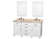 Wyndham Collection Berkeley 60 inch Double Bathroom Vanity in White with Ivory Marble Top with White Undermount Oval Sinks and 24 inch Mirrors