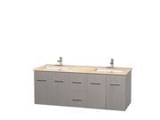 Wyndham Collection Centra 60 inch Double Bathroom Vanity in Gray Oak Ivory Marble Countertop Undermount Square Sinks and No Mirror