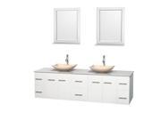 Wyndham Collection Centra 80 inch Double Bathroom Vanity in Matte White White Man Made Stone Countertop Arista Ivory Marble Sinks and 24 inch Mirrors
