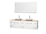 Wyndham Collection Centra 80 inch Double Bathroom Vanity in Matte White Ivory Marble Countertop Avalon White Carrera Marble Sinks and 70 inch Mirror