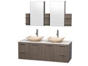 Wyndham Collection Amare 60 inch Double Bathroom Vanity in Gray Oak White Man Made Stone Countertop Arista Ivory Marble Sinks and Medicine Cabinets
