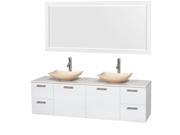 Wyndham Collection Amare 72 inch Double Bathroom Vanity in Glossy White White Man Made Stone Countertop Arista Ivory Marble Sinks and 70 inch Mirror