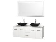 Wyndham Collection Centra 60 inch Double Bathroom Vanity in Matte White White Carrera Marble Countertop Arista Black Granite Sinks and 58 inch Mirror