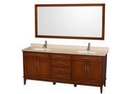 Wyndham Collection Hatton 80 inch Double Bathroom Vanity in Light Chestnut Ivory Marble Countertop Undermount Square Sinks and 70 inch Mirror