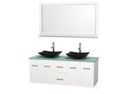 Wyndham Collection Centra 60 inch Double Bathroom Vanity in Matte White Green Glass Countertop Arista Black Granite Sinks and 58 inch Mirror