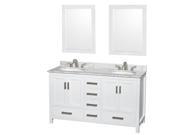 Wyndham Collection Sheffield 60 inch Double Bathroom Vanity in White White Carrera Marble Countertop Undermount Oval Sinks and 24 inch Mirrors