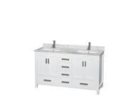 Wyndham Collection Sheffield 60 inch Double Bathroom Vanity in White White Carrera Marble Countertop Undermount Square Sinks and No Mirror