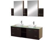 Wyndham Collection Avara 60 inch Double Bathroom Vanity in Espresso Green Glass Countertop Pyra White Porcelain Sinks and Medicine Cabinets