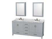 Wyndham Collection Sheffield 72 inch Double Bathroom Vanity in Gray White Carrera Marble Countertop Undermount Oval Sinks and Medicine Cabinets
