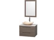 Wyndham Collection Amare 30 inch Single Bathroom Vanity in Gray Oak White Man Made Stone Countertop Arista Ivory Marble Sink and 24 inch Mirror