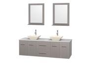 Wyndham Collection Centra 72 inch Double Bathroom Vanity in Gray Oak White Man Made Stone Countertop Pyra Bone Porcelain Sinks and 24 inch Mirrors