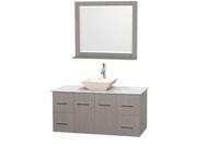 Wyndham Collection Centra 48 inch Single Bathroom Vanity in Gray Oak White Carrera Marble Countertop Pyra Bone Porcelain Sink and 36 inch Mirror
