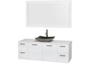 Wyndham Collection Amare 60 inch Single Bathroom Vanity in Glossy White White Man Made Stone Countertop Altair Black Granite Sink and 58 inch Mirror