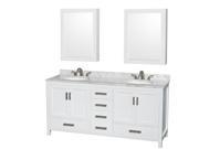 Wyndham Collection Sheffield 72 inch Double Bathroom Vanity in White White Carrera Marble Countertop Undermount Oval Sinks and Medicine Cabinets