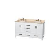 Wyndham Collection Sheffield 60 inch Double Bathroom Vanity in White Ivory Marble Countertop Undermount Oval Sinks and No Mirror