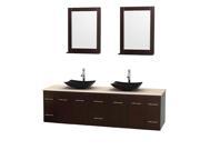 Wyndham Collection Centra 80 inch Double Bathroom Vanity in Espresso Ivory Marble Countertop Arista Black Granite Sinks and 24 inch Mirrors