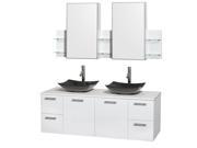 Wyndham Collection Amare 60 inch Double Bathroom Vanity in Glossy White White Man Made Stone Countertop Arista Black Granite Sinks and Medicine Cabinets
