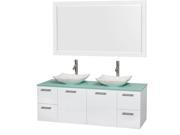 Wyndham Collection Amare 60 inch Double Bathroom Vanity in Glossy White Green Glass Countertop Arista White Carrera Marble Sinks and 58 inch Mirror