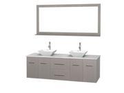 Wyndham Collection Centra 72 inch Double Bathroom Vanity in Gray Oak White Man Made Stone Countertop Pyra White Porcelain Sinks and 70 inch Mirror