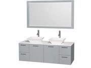 Wyndham Collection Amare 60 inch Double Bathroom Vanity in Dove Gray White Man Made Stone Countertop Pyra White Porcelain Sinks and 58 inch Mirror
