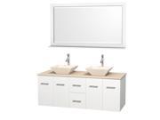 Wyndham Collection Centra 60 inch Double Bathroom Vanity in Matte White Ivory Marble Countertop Pyra Bone Porcelain Sinks and 58 inch Mirror
