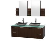 Wyndham Collection Amare 60 inch Double Bathroom Vanity in Espresso with Green Glass Top with Black Granite Sinks and Medicine Cabinets