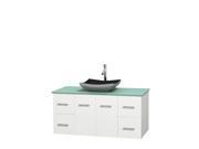 Wyndham Collection Centra 48 inch Single Bathroom Vanity in Matte White Green Glass Countertop Altair Black Granite Sink and No Mirror