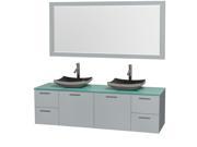 Wyndham Collection Amare 72 inch Double Bathroom Vanity in Dove Gray Green Glass Countertop Altair Black Granite Sinks and 70 inch Mirror
