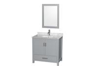 Wyndham Collection Sheffield 36 inch Single Bathroom Vanity in Gray White Carrera Marble Countertop Undermount Square Sink and 24 inch Mirror