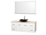 Wyndham Collection Centra 60 inch Single Bathroom Vanity in Matte White Ivory Marble Countertop Arista Black Granite Sink and 58 inch Mirror