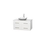 Wyndham Collection Centra 42 inch Single Bathroom Vanity in Matte White White Man Made Stone Countertop Avalon White Carrera Marble Sink and No Mirror