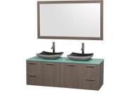 Wyndham Collection Amare 60 inch Double Bathroom Vanity in Gray Oak with Green Glass Top with Black Granite Sinks and 58 inch Mirror