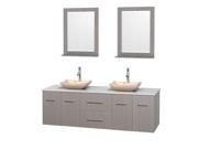 Wyndham Collection Centra 72 inch Double Bathroom Vanity in Gray Oak White Man Made Stone Countertop Avalon Ivory Marble Sinks and 24 inch Mirrors