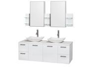 Wyndham Collection Amare 60 inch Double Bathroom Vanity in Glossy White White Man Made Stone Countertop Arista White Carrera Marble Sinks and Medicine Cab