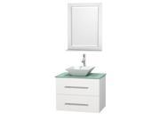Wyndham Collection Centra 30 inch Single Bathroom Vanity in Matte White Green Glass Countertop Pyra White Porcelain Sink and 24 inch Mirror