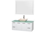 Wyndham Collection Amare 48 inch Single Bathroom Vanity in Glossy White Green Glass Countertop Avalon Ivory Marble Sink and 46 inch Mirror