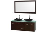 Wyndham Collection Centra 60 inch Double Bathroom Vanity in Espresso Green Glass Countertop Arista Black Granite Sinks and 58 inch Mirror