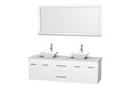 Wyndham Collection Centra 72 inch Double Bathroom Vanity in Matte White White Carrera Marble Countertop Pyra White Porcelain Sinks and 70 inch Mirror