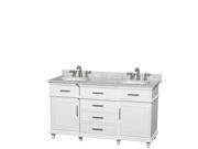 Wyndham Collection Berkeley 60 inch Double Bathroom Vanity in White with White Carrera Marble Top with White Undermount Oval Sinks and No Mirror