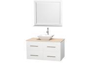 Wyndham Collection Centra 42 inch Single Bathroom Vanity in Matte White Ivory Marble Countertop Pyra White Porcelain Sink and 36 inch Mirror