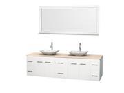 Wyndham Collection Centra 80 inch Double Bathroom Vanity in Matte White Ivory Marble Countertop Arista White Carrera Marble Sinks and 70 inch Mirror