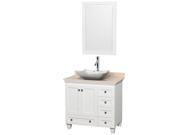 Wyndham Collection Acclaim 36 inch Single Bathroom Vanity in White Ivory Marble Countertop Avalon White Carrera Marble Sink and 24 inch Mirror