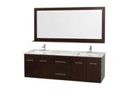 Wyndham Collection Centra 72 inch Double Bathroom Vanity in Espresso White Carrera Marble Countertop Square Porcelain Undermount Sinks and 70 inch Mirror
